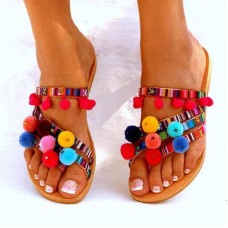 Large Size Summer Women Fur Ball Colorful Bohemian Comfy Flat Sandals