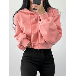 Solid Drawstring Long Sleeve Casual Women Hoodie