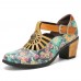  Genuine Leather Retro Floral Hook   Loop Comfy T  strap Heels