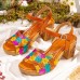  Leather Colorful Flowers Splicing Comfy Casual Rivet Retro Buckle High Heel Sandals