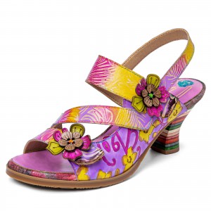  Leather Beach Vacation Ethnic Floral Hook   Loop Heeled Sandals