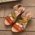  Genuine Leather Casual Bohemian Ethnic Floral Print Colorblock Comfy Heeled Sandals