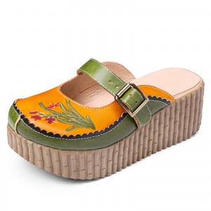  Handmade Leather Ethnic Printing Platform Sandals