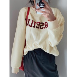 Women Solid Embroidery Words Casual Loose O  Neck Street Fashion Sweatshirt